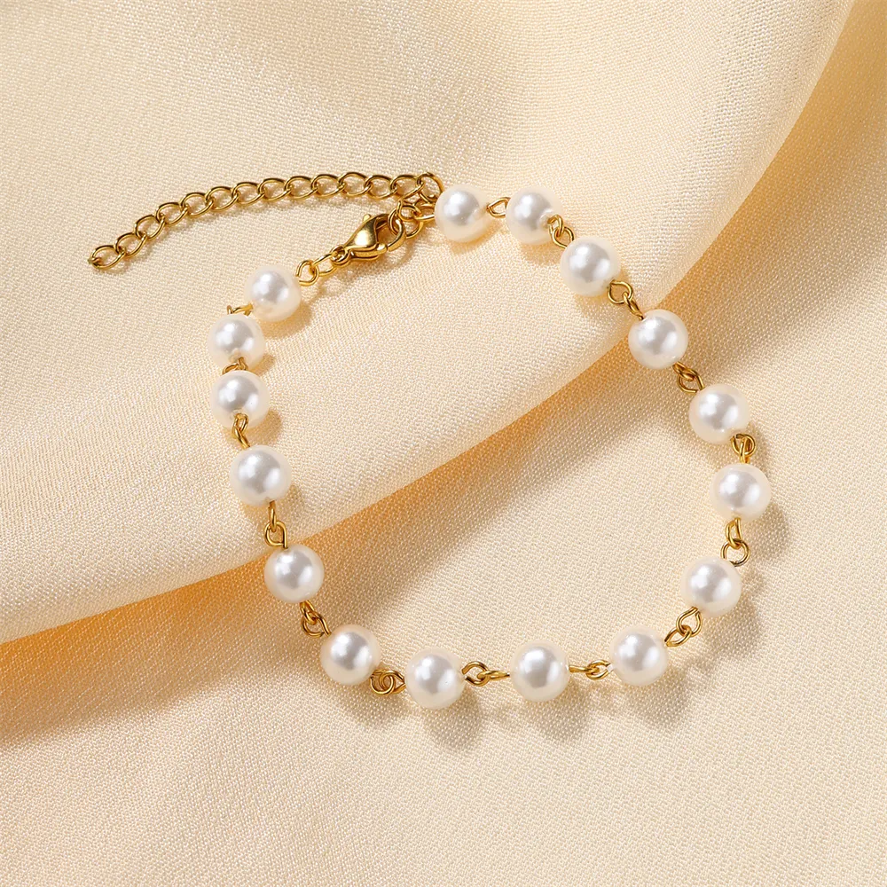 Vendita calda popolare alla moda placcato oro imitazione perla perla perla oro bracciale a catena bianco perla bracciali ragazze