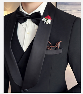 Hombres <span class=keywords><strong>modernos</strong></span> <span class=keywords><strong>boda</strong></span> <span class=keywords><strong>novio</strong></span> mejor hombre chal solapa 3 PC chaqueta chaleco pantalones Slim Negro hombres trajes - Product Image 3