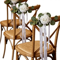 Fleurs artificielles faites à la main pour dossier de chaise, roses blanches avec feuilles d'eucalyptus, longs rubans, décorations réutilisables pour mariage et fêtes