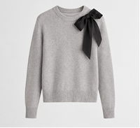 Pull en tricot personnalisé pour femme, col rond, noir, épaule à nœud gris clair, manches longues, service ODM