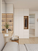 Système de dressing moderne XINGRUO pour chambre à coucher, armoire intégrée crème avec coiffeuse et étagères rétroéclairées par LED pour maison minimaliste