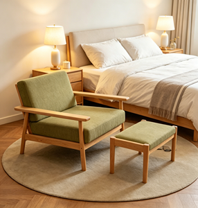 Fauteuil en bois de style mid-century moderne avec revêtement vert, dossier solide, chaise de détente pour salon, meubles de maison - Product Image 3