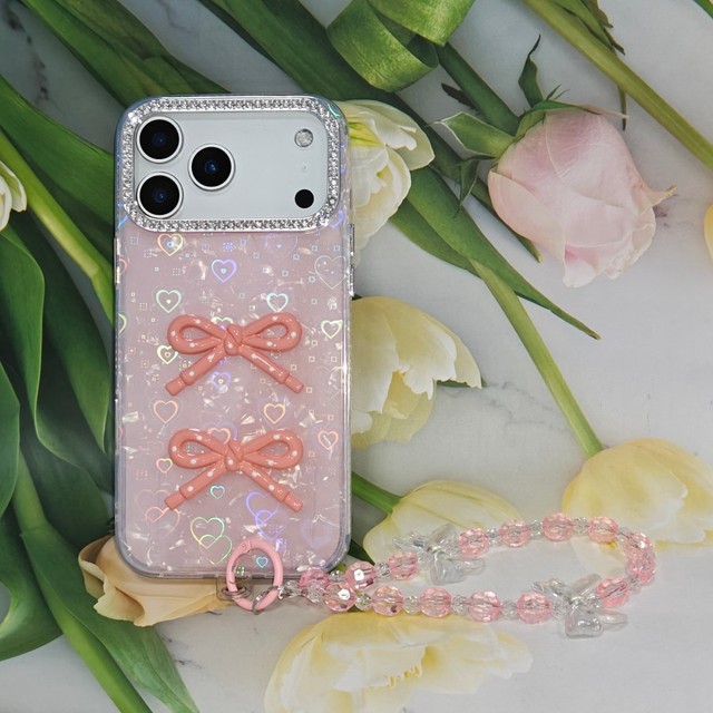 3D Bow Shell Pattern Phone Case with Holographic Hearts & Beaded Lanyard Aesthetic Cover for Women Girls Protective Case for 17