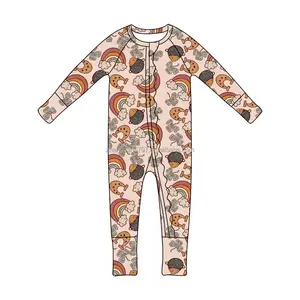 Custom Rainbow Clover Printed Bodysuits Spring Kids Long Sleeves Jumpsuit Romper Bamboo Zipper Pajamas For Babies