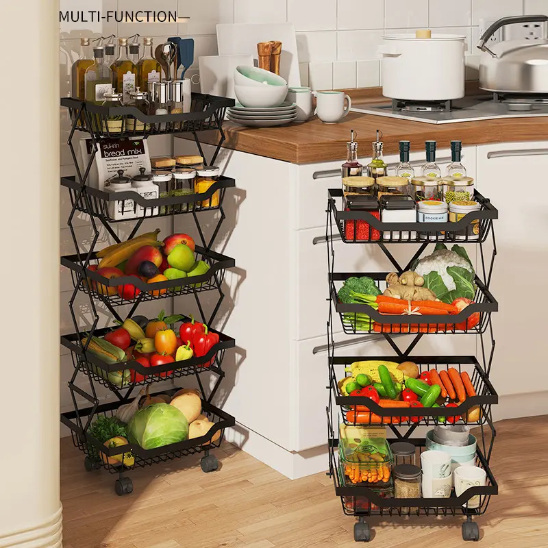 Stretchable folding fruit and vegetable storage rack Mobile multi-storey kitchen shelf