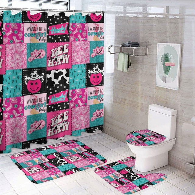 Wholesale Custom Retro Western Cowgirl Bathroom Set Waterproof Shower Curtain Bath Mat Toilet Cover Rug 4 Pieces Set