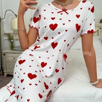 Chemise de nuit à manches courtes pour femmes Cute Sweet Cross-Border Printed Bow Soft Loose Dress for Sleep or Lounge