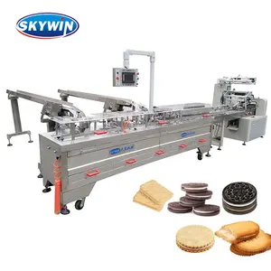 Máquina para hacer sándwiches de galletas duras suaves rellenas de chocolate y crema de mermelada de dos colores de una tierra con máquina de embalaje 380