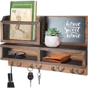 Wooden Entryway Key Rack Wall Mounted Mail Storage Organizer With <b>Hooks</b> And <b>Shelves</b> For Home Use - Product Image 1