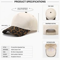 Casquette de baseball bicolore beige léopard, vierge, 5 panneaux, élégante, style streetwear sportif, imprimé guépard, pour logo personnalisé, vente en gros