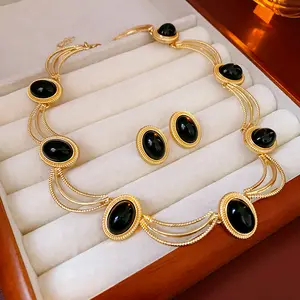 Brincos de prata vintage com agulhas, conjunto de joias premium oval preto vintage para mulheres, conjunto de joias de ouro dubai