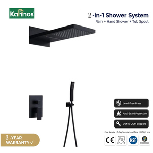Sistema de ducha empotrado negro mate, montado en la pared, con cabezal rectangular de lluvia y cascada, ducha de mano y válvula monomando de pie. - Product Image 1