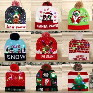 Grosir Keluarga Menyalakan Natal Sombrero De Navidad Dewasa Anak Warna-warni Rajutan Topi Natal Led Topi Natal dengan Lampu