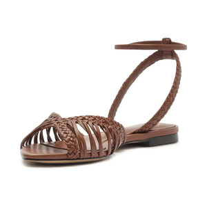 Fashion Ladies Beige Pu Woven Ankle Strap <b>Pointed</b> <b>Toe</b> <b>Flat</b> Sandals Women's Summer Low <b>Flat</b> Feet Sandals - Product Image 4