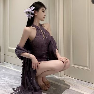 Lemon Story-vestido Cheongsam morado con cuello halter y encaje de estilo chino, falda ajustada, ropa elegante para fiesta, ropa tradicional para mujer - Product Image 4
