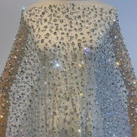 Nouveau Tissu en Tulle Brodé de Dentelle Française à Motifs Floraux et Strass Faits Main, Largeur 140 cm, Marque JS, Idéal pour Robes de Bal et Costumes de Scène, 100% Coton