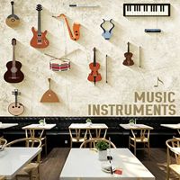 Peinture murale personnalisable style Art déco, motif notes de musique, saxophone, batterie, guitare, groupe de jazz, color block, pour intérieur industriel