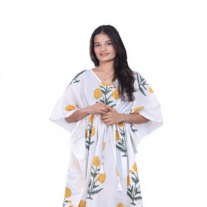 Women's Cotton <b>Kaftan</b> Dress V-Neck Floral Print Boho Knee-Length Loose Fit Short Sleeve Hand Block <b>Summer</b> Eco-Friendly Dress - Product Image 1