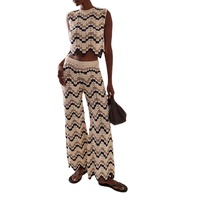 Fabricant de tricots personnalisé printemps été haut rayé plissé et pantalon évasé droit en coton crocheté ensemble de style décontracté