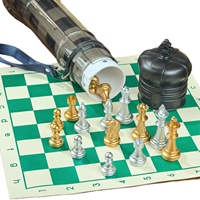 SEIPTING Boîte d'échecs style couronne en or/argent, design pliable portable, plateau vert en résine et cuir, coins arrondis