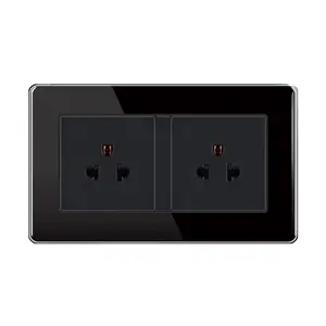 Thailand 220v Glass Tempered Board Black Electrical Double Switched Socket 3 Pin Double Socket