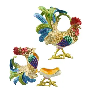 Customized zinc alloy Creative Enamel color Colorful crystals rooster Jewelry Storage Box Home Decoration cock box gift