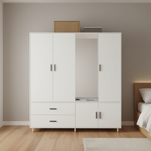 Armoire en bois blanche 63 po L x 20,4 po P x 70,8 po H, 4 portes, 2 tiroirs, miroir, meuble de rangement pour chambre à coucher - Product Image 2
