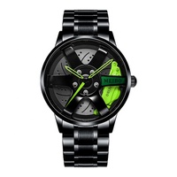 Montre Homme Quartz Noire Luxe Cool Unique Jante Volant 3D Voiture