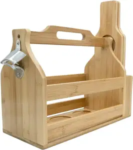 Wooden 6-Bottle Caddy with Bottle Opener Removable Middle Divider wooden drink crate