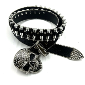 Ceinture en cuir PU scintillant de style occidental de balle avec boucle en alliage de tête de mort et ceinture en métal chic en strass - Product Image 6