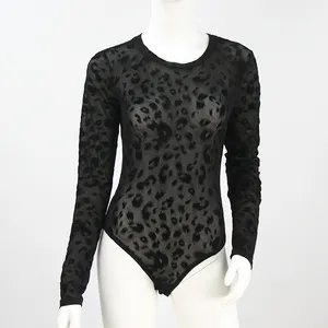 Oem Black Mesh Bodysuit Luipaard Print Herfst Lange Mouw Sexy Vrouwen Bodysuit Knit