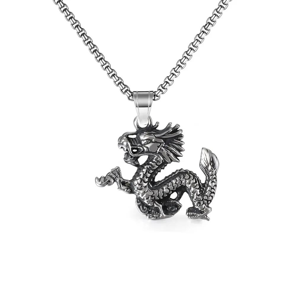 YMJ Chine Style Jewelry Zodiac Pendant Stainless Steel Men's Head Punk Fashion Dragon Necklace
