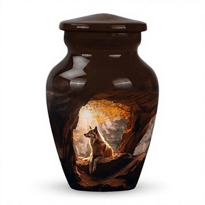 Urne funéraire marron avec loup dans la forêt d'automne, récipient commémoratif pour cendres d'adultes, urne souvenir pour cendres humaines - Product Image 1