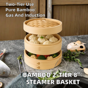 Panier vapeur en bambou à 2 niveaux de 8 pouces, kit pour soupes et raviolis, avec cuillère à roulettes, revêtements, capacité 3-4L, compatible gaz et induction, couvercle de casserole - Product Image 2