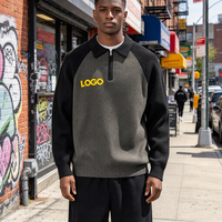 Pull tricoté d'hiver pour homme, personnalisé OEM/ODM, avec logo brodé jacquard, colorblock, demi-zip et manches raglan