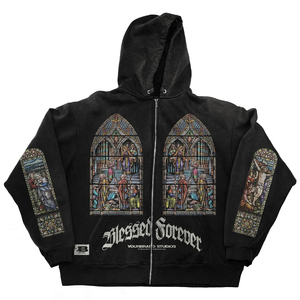Blessed Forever Gothic Zip-Up <b>Hoodie</b> Men's Oversized Cotton Printed Design Stained Glass Art Back Logo Autumn Style Men Hoodies - Product Image 6