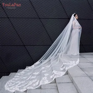 YouLaPan V146 Luxury Bridal Veil 4M Trail Embroidered Wide Edge Soft Tulle White Off White Bridal Wedding Veil