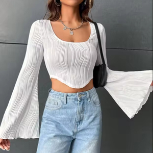 T-shirt d'été fin à col en U, motif vague d'eau, coupe ajustée, nombril apparent, manches longues <span class=keywords><strong>trompette</strong></span>, tailles S-XL - Product Image 1