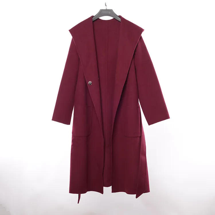 Customizable Breathable Winter Western Style Long Red Women's Woolen Coat With Hat And Belt Women Wool Coat