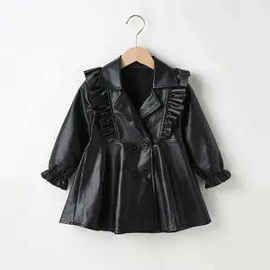 Spring Autumn Fashion Girls Leather Dress Girls PU Leather Princess Dresses with Ruffles Jacket 3-7 Years Kids Trench Coat