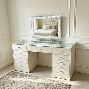 Moderna Scrivania Bianca con <span class=keywords><strong>Specchio</strong></span> in Cristallo e 13 Cassetti, Set Tavolo <span class=keywords><strong>da</strong></span> Trucco per <span class=keywords><strong>Camera</strong></span> <span class=keywords><strong>da</strong></span> Letto - Product Image 1