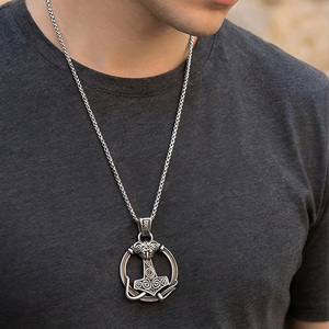 Viking Thor Hammer Pendant Necklace Antique Silver Plated Stainless Steel Men's Vintage Themed Charm Jewelry Gift - Product Image 1