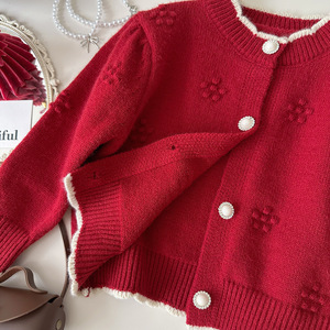 2025 primavera nuova ragazza 2 pezzi vestito rosso a maglia Cardigan moda Denim <span class=keywords><strong>pantaloni</strong></span> e vestito per le ragazze - Product Image 4