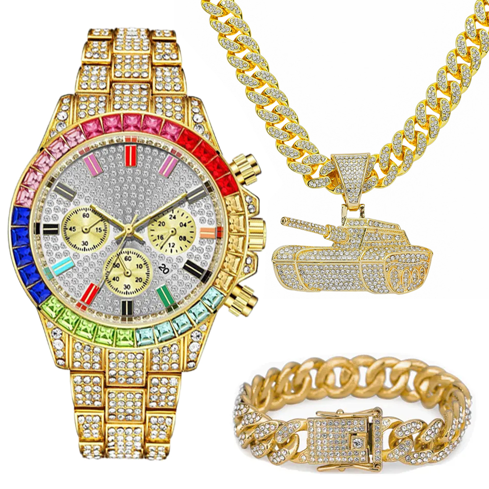 Parure Bijou Hip-hop - Collier Et Bracelet Mailles Cubaines Avec Strass, Alliage Zinc, Neuve