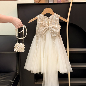 Princess Style Summer Sleeveless Sequined Bowknot <strong>Dress</strong> for <strong>Kids</strong> Girls' O-Neck Opaque Tulle Birthday Party Wear Pearls - Product Image 3