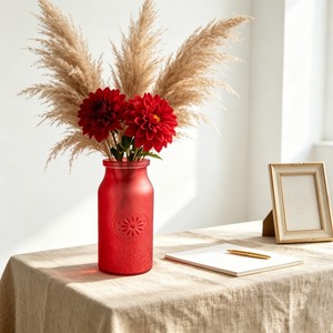 Vase en verre Mason embossé rouge et vert à large ouverture pour la décoration de la maison, des tables de mariage, vase à <span class=keywords><strong>fleurs</strong></span> moderne en verre - Product Image 1