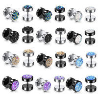 YICAI Punk acier inoxydable pierre noire boucles d'oreilles vis dos plat haltère faux jauges boucles d'oreilles faux bouchon d'oreille