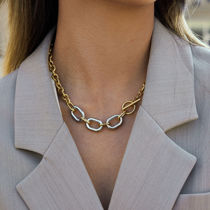 Collar de Cadena de Cable de Dos Tonos Que No Se Deslustra para Mujer, Grueso, Chapado en Oro de 18K, Acero Inoxidable, Cierre OT, Collar en Capas - Product Image 1