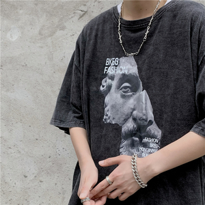 Camiseta Vintage con Gráficos Personalizados, Lavada al Ácido, Impresión Digital, Estilo Urbano Negro para Hombres de Talla Grande - Product Image 3