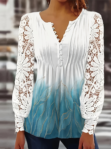 Chemisier ample à manches longues en dentelle pour femme, col en V, dégradé blanc-bleu, en fibre de lait avec accents feuille d'or, tenue décontractée - Product Image 5